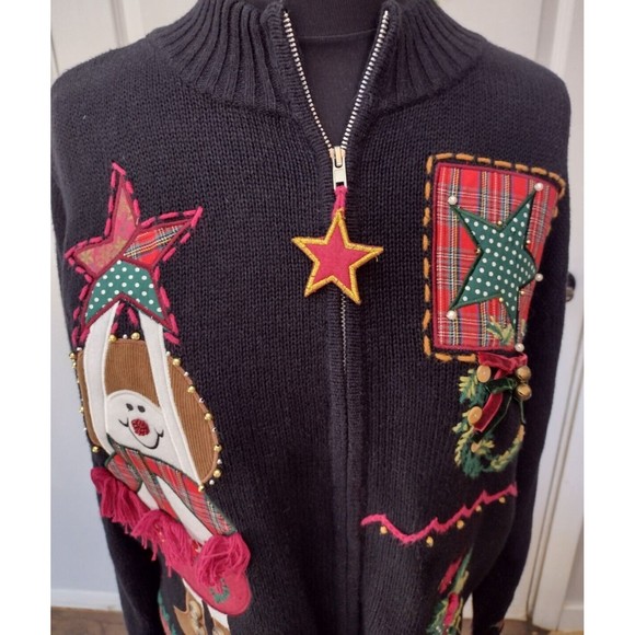 KIKIT Black Christmas Cardigan Sweater Large Embellished ZIP - Picture 3 of 9